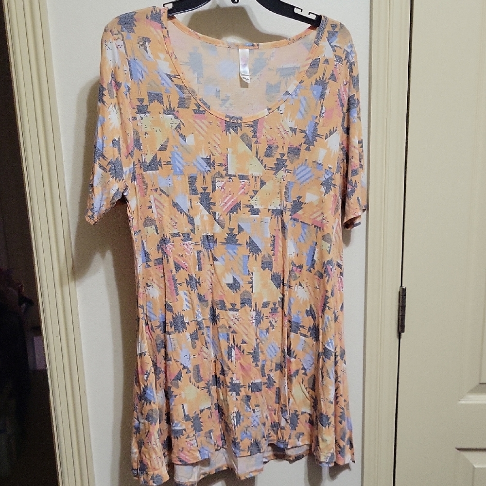 LuLaRoe Abstract Print Short Sleeve Top - Orange and Blue